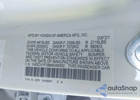 2021 Honda Accord Sport z USA, uszkodzony, nr VIN 1HGCV1F39MA056302